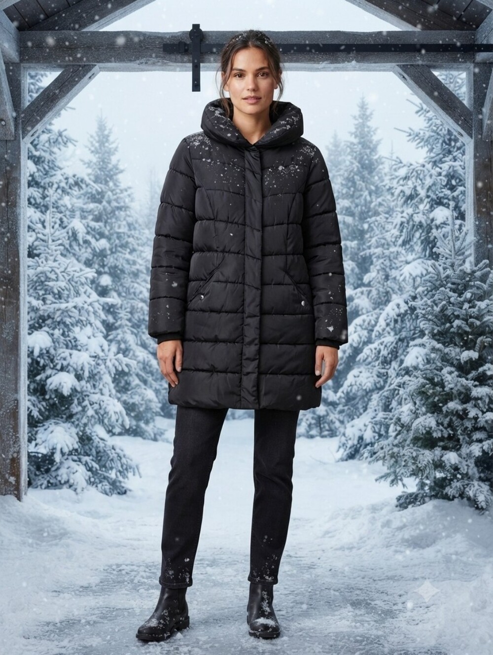 Steve Madden Black Chevron Long Puffer Coat With Pillow Collar